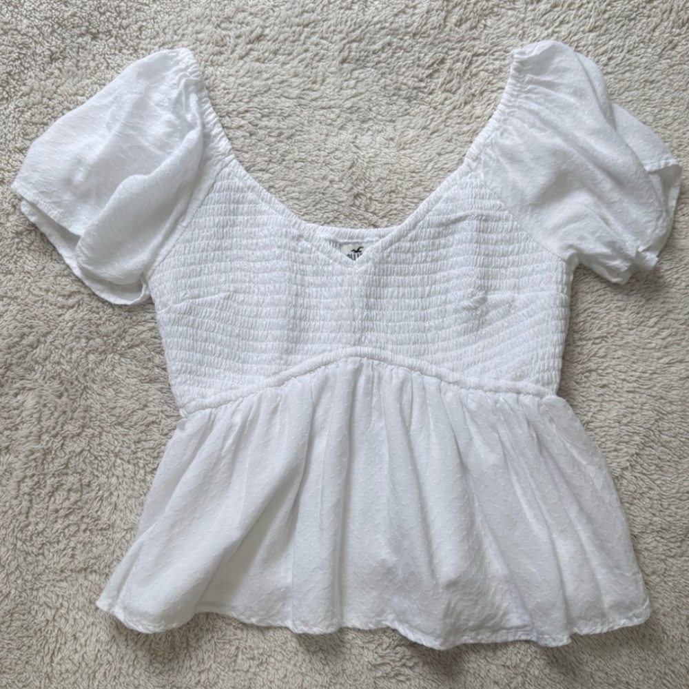 Hollister White Flutter Sleeve Babydoll Smocked Top